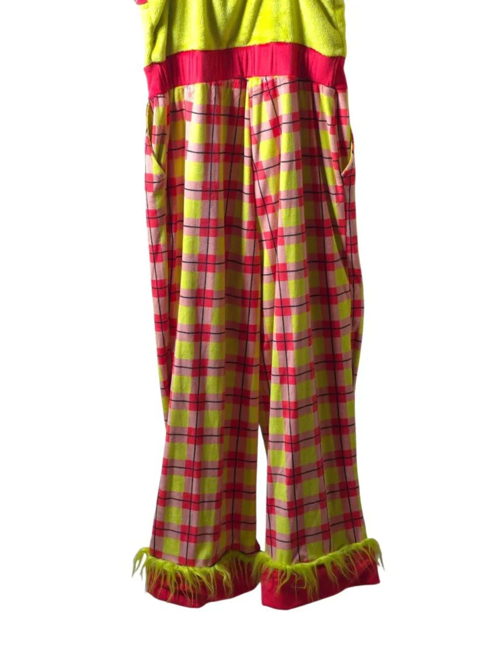 The Grinch Small Christmas Pajama Overalls Plaid Fuzzy Trim Dr Seuss Jumpsuit